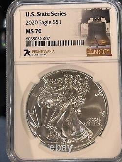 2020 $1 AMERICAN SILVER EAGLE NGC MS70 U. S. STATE SERIES PENNSYLVANIA Loc18