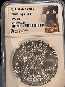 2020 $1 AMERICAN SILVER EAGLE NGC MS70 U. S. STATE SERIES PENNSYLVANIA Loc18