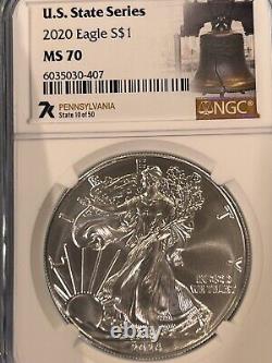 2020 $1 AMERICAN SILVER EAGLE NGC MS70 U. S. STATE SERIES PENNSYLVANIA Loc18