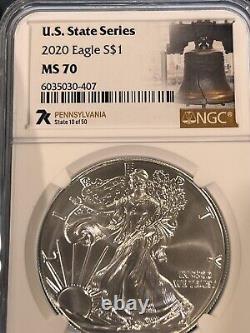 2020 $1 AMERICAN SILVER EAGLE NGC MS70 U. S. STATE SERIES PENNSYLVANIA Loc18