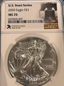 2020 $1 AMERICAN SILVER EAGLE NGC MS70 U. S. STATE SERIES PENNSYLVANIA Loc18