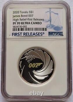 2020 1oz $1 NGC PF70 UC Tuvalu Silver James Bond 007 High Relief First Releases
