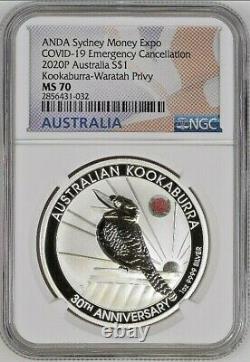 2020 Australia 1oz Silver Kookaburra Sydney ANDA Expo Waratah Privy NGC MS70