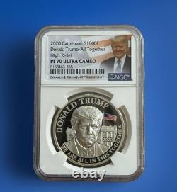 2020 CAMEROON PROOF SILVER DONALD TRUMP NGC PF70 HIGH RELIEF 1 OZ. 999 With COA
