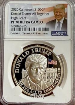 2020 CAMEROON PROOF SILVER DONALD TRUMP NGC PF70 HIGH RELIEF 1 OZ. 999 With COA