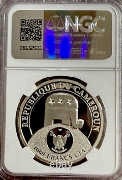 2020 CAMEROON PROOF SILVER DONALD TRUMP NGC PF70 HIGH RELIEF 1 OZ. 999 With COA
