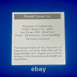 2020 CAMEROON PROOF SILVER DONALD TRUMP NGC PF70 HIGH RELIEF 1 OZ. 999 With COA