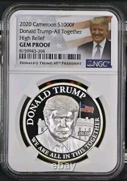 2020 Cameroon S 1000F 1oz Silver Donald Trump High Relief NGC Gem Proof