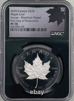 2020 Canada $20 Maple Leaf INCUSE RHODIUM 1 Oz NGC PF70 FIRST DAY PRODUCTION