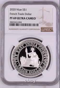 2020 Niue PROOF French Trade Dollar Restrike Silver 1 oz NGC PF69 UC COA+box