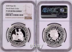 2020 Niue PROOF French Trade Dollar Restrike Silver 1 oz NGC PF69 UC COA+box