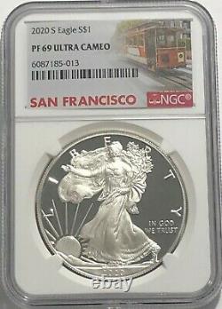 2020 S 1 Oz Ngc Pf69 Ultra Cameo Proof Silver American Eagle Trolley Lable $1