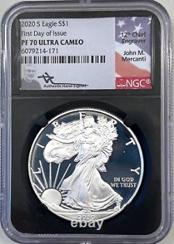 2020-S AMERICAN SILVER EAGLE PROOF $1 NGC PF70 FDOI Signed by Mercanti