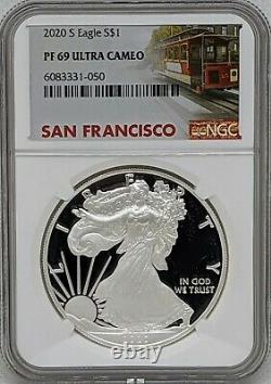 2020 S Silver American Eagle NGC PR69 Ultra Cameo San Francisco Trolley Label