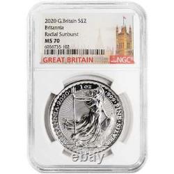 2020 U. K. 2 Pound Silver Britannia Radial Sunburst. 999 1 oz NGC MS70 Great Brit