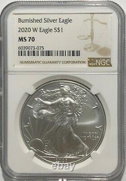 2020 W $1 Ngc Ms70 Burnished Silver American Eagle. 999 Fine Silver Brown Label