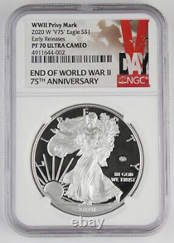 2020 W End of WWII 75th Anniversary American 1 Oz Silver Eagle V75 NGC PF70 ER