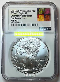 2020 (p) Silver Eagle Ngc Ms70 Emergency Production Fdoi. 999 Fine Silver