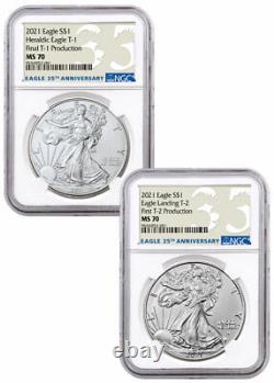 2021 $1 American Silver Eagle Final T-1 First T-2 Production NGC MS70 2-Coin Set