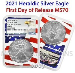 2021 $1 Heraldic American Silver Eagle NGC MS70 First Day of Release Flag Core