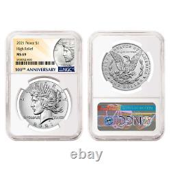 2021 $1 Morgan and Peace Silver Dollar 6pc Set NGC MS69 100th Anni. Label