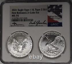 2021 $1 Silver Eagle 2 Coin Set Type 1 Type 2 NGC MS70 First Releases Mercanti