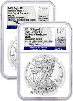 2021 $1 Silver Eagle Type 1 Last Day Type 2 First Day 2 Coin Set NGC MS70