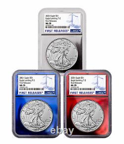 2021 $1 Silver Eagle Type-2 NGC MS70 FR Red Blue Silver Foil Core 3-Coin Set