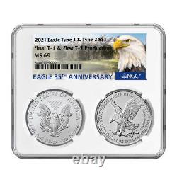 2021 $1 T1 and T2 Silver Eagle Set NGC MS69 First and Final Production 35th Anni