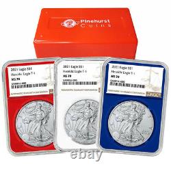 2021 $1 Type 1 American Silver Eagle 3pc Set NGC MS70 Brown Label Red White Blue