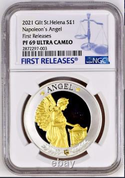 2021 Gilt St. Helena Napoleon's Angel 1 oz Silver £1 First Rel NGC PF69 UC