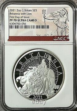 2021 Great Britain £5 BRITANNIA WITH LION 2 Oz Silver Proof NGC PF70 FDOI