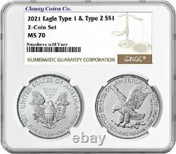 2021 NGC MS 70 Type 1 and Type 2 American Silver Eagle Set Dual Holder