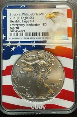 2021 (P) Emergency Heraldic Silver Eagle NGC MS 70 Flag Core First Day of Issue
