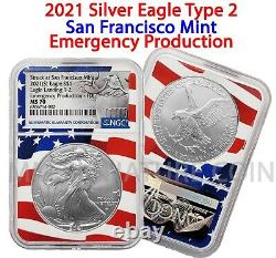 2021 (S) $1 Silver Eagle NGC MS70 Emergency Production FDOI Flag Core Type 2