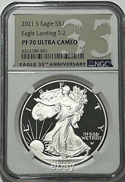 2021 S $1 T-2 Ngc Pf70 Ultra Cameo Proof Silver Eagle Landing 35th Label Type 2