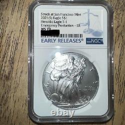 2021 S Silver Eagle MS70 Heraldic Eagle T-1 Emergency Prod- Early Releases