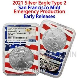 2021 S Silver Eagle Type 2 Emerg Production Early Releases MS70 NGC Flag Core