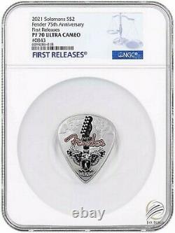 2021 Solomon Islands Fender 75th Anv Guitar Pick Shaped 1 oz Silver NGC PF70 FR