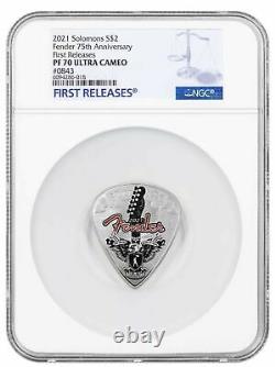 2021 Solomon Islands Fender 75th Anv Guitar Pick Shaped 1 oz Silver NGC PF70 FR