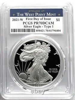 2021 W Proof Silver Eagle Type 1 First Day Of Issue Pcgs Pr70 With Box/coa