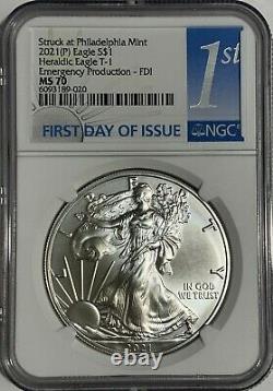 2021 (p) Silver Eagle Ngc Ms70 Fdi T-1 Emergency Production Struck Philadelphia