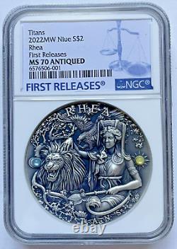 2022 Niue 2 Oz 999 Fine Silver Rhea Antiqued Greek Titans NGC MS70 Only 500 Mint