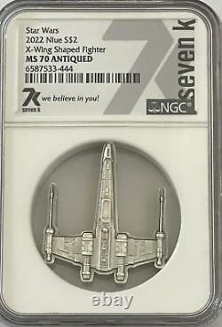2022 Niue Star Wars X-Wing Shaped Star Fighter 1 oz Silver Antiqued MS70 NGC COA