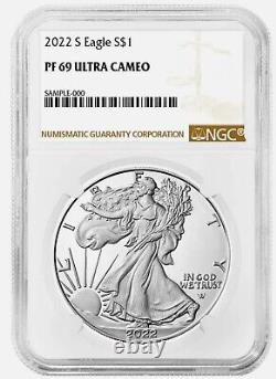 2022 S American Silver Eagle Proof NGC PF69 UCAM, CLASSIC BROWN LABEL %
