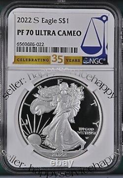 2022 S PROOF SILVER EAGLE, NGC PF70UC FIRST RELEASES, 35th year LABEL, PRESALE %
