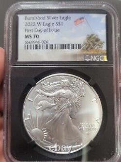2022 W Burnished $1 Silver Eagle NGC MS70 FDI, First Day of Issue Iwo Jima! %%
