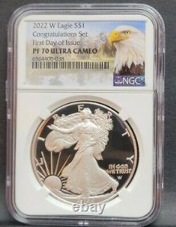 2022 W NGC PF70 $1 FIRST DAY OF ISSUE Silver Eagle CONGRATULATIONS SET FDI %%%