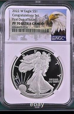 2022 W NGC PF70 $1 FIRST DAY OF ISSUE Silver Eagle CONGRATULATIONS SET FDI %%%