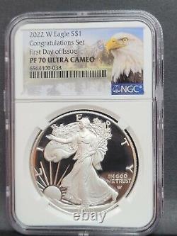 2022 W NGC PF70 $1 FIRST DAY OF ISSUE Silver Eagle CONGRATULATIONS SET FDI %%%